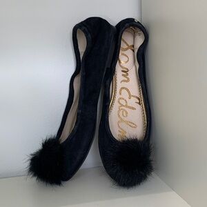 Sam Edelman Black Suede Ballet Flats with Pom Detail 8.5